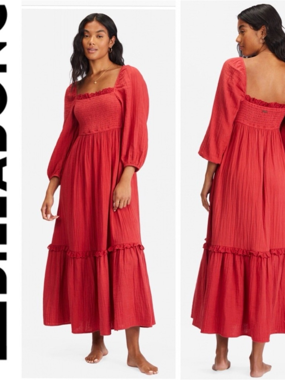 Billabong Red Smocked Square-Neck Tiered Maxi Dress